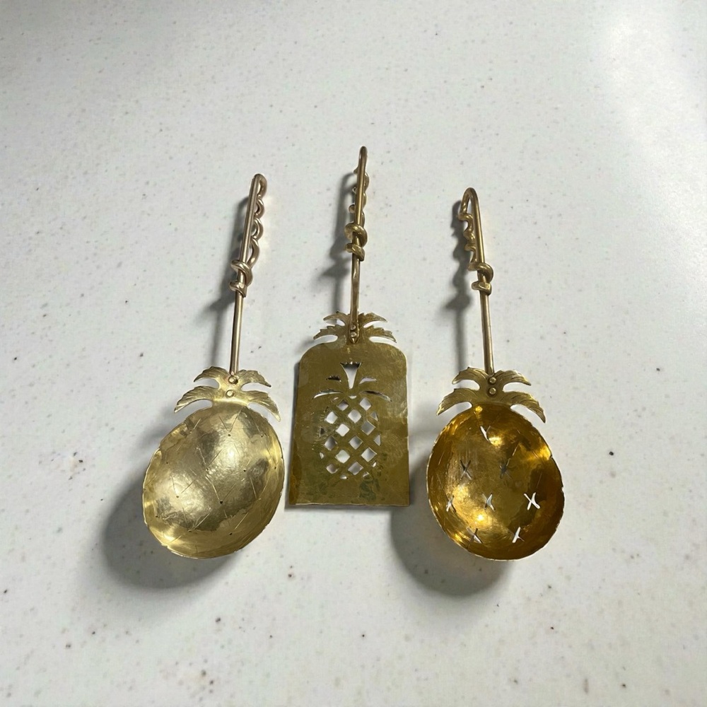 Vintage forged, brass Pineapple Design Spoon and spatula serving set.